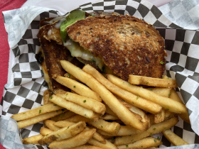 Brisket grilled cheese sandwich with chive fries