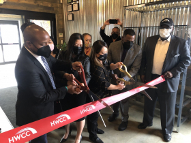 Acting Mayor Cavalier Johnson, AN OX owner Sia Xiong, Hmong Wisconsin Chamber of Commerce CEO Maysee Herr and DCD Commissioner Lafayette Crump cut the ribbon to open AN OX Cafe