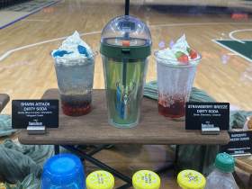 Dirty soda offerings next to new playable keepsake cup. Photo by Lauren Hafeman on Oct. 19, 2026.