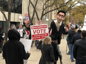 A towering Scott Walker puppet hyped up protesters.