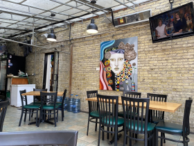 Inside the covered porch at O’Lydia’s Bar and Grill