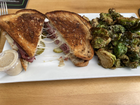 Reuben sandwich and Fried Brussels Sprouts