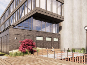 Office building and riverwalk rendering