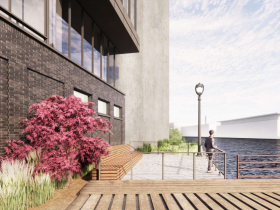 Office building and riverwalk rendering