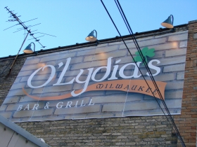 O'Lydia's sign on the back of the building.