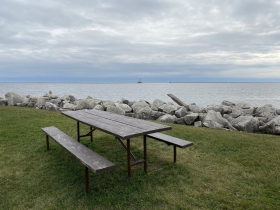 One of several picnic tables
