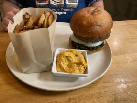 Burger, remoulade sauce, and fries