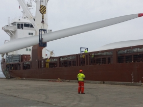 Windmill blade being loaded for shipment to Newfoundland, May 2015