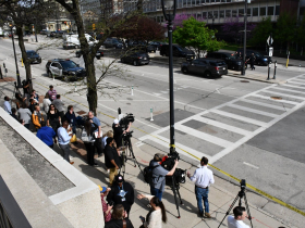 Media Members Congregate Outside City Hall