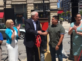 Mayor Tom Barrett congratulates Mauricio Ramirez