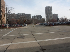 E. Highland Avenue between N. Broadway and N. Milwaukee Street becomes a parking lot