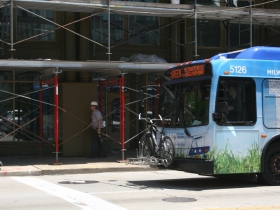 Bike on a bus in downtown Milwaukee.