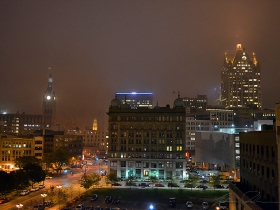 The Germania Building in the fog.