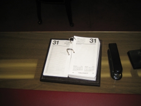 The desk calendar is open to January 31st, 2014, the last day at work for former Council President Willie Hines before taking his new position with the Housing Authority of the City of Milwaukee.