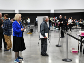 Ann Jacobs at Central Count, Jefferson Davis Talks with Jim Bohl