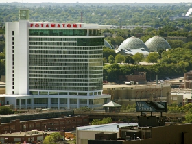 The Potawatomi Hotel & Casino can be seen  from atop the Hilton City Center.