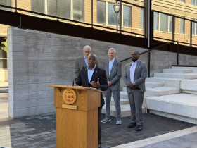 Mayor Cavalier Johnson at Gary P. Grunau Memorial Plaza Ribbon Cutting