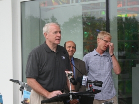 Mayor Barrett speaking at the Bike-sharing press conference.