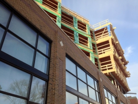 Closeup of the construction of Prospect Mall Apartments.