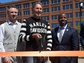 Harley-Davidson CEO Jochen Zeitz (center) with Thomas Heaterwick and Mayor Cavalier Johnson at Davidson Park Ribbon Cutting