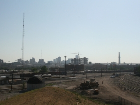 A view of the casino hotel rising in the distance.