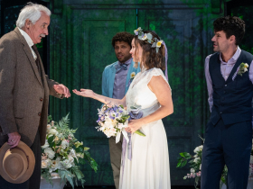 Milwaukee Repertory Theater presents Prelude to a Kiss a Musical at the Sharon Lynne Wilson Center for The Arts, September 10 – October 19, 2024. Pictured:  Jonathan Gillard Daly, Caitlin Houlahan, Chris McCarrell