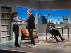 Milwaukee Repertory Theater presents McNeal in the Herro-Franke Studio Theater February 10 – March 22, 2026. Pictured L to R: Sara Sadjadi, Peter Bradbury, Jeanne Paulsen