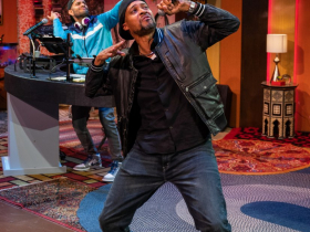 Milwaukee Repertory Theater presents Parental Advisory: a breakbeat play  in the Stiemke Studio September 26 – October 29, 2023. Pictured: Amir Abdullah (foreground) and Marvin Quijada