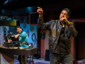 Milwaukee Repertory Theater presents Parental Advisory: a breakbeat play  in the Stiemke Studio September 26 – October 29, 2023. Pictured: Amir Abdullah (foreground) and Marvin Quijada