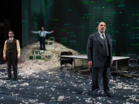Milwaukee Repertory Theater presents The Lehman Trilogy in the Checota Powerhouse Theater January 13 – February 8, 2026. Pictured L to R: Max Wolkowitz, William Sturdivant, Edward Gero