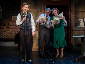 Milwaukee Repertory Theater presents the World Premiere of George & Gracie: A Love Story May 1 – June 4, 2026. Pictured L to R: Jonathan Riker, James Pickering, Tami Workentin