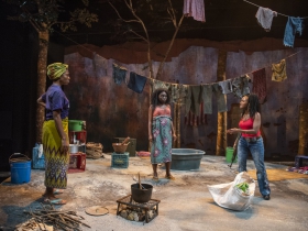 Milwaukee Repertory Theater presents Eclipsed in the Quadracci Powerhouse March 3 – March 29, 2020. Left to right: Jacqueline Nwabueze, Sola Thompson and Ashleigh Awusie.