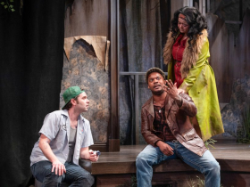 Milwaukee Repertory Theater presents Romeo and Juliet at the Wilson Theater in Vogel Hall at Marcus Performing Arts Center, February 25 – March 30, 2025. Pictured: Nate Burger, Nina Giselle and Dimonte Henning. Photo by Michael Brosilow.