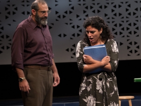 Milwaukee Repertory Theater presents The Who & The What in the Stiemke Studio from September 27 to November 5, 2017. Left to Right: Brian Abraham and Soraya Broukhim