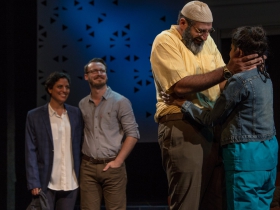 Milwaukee Repertory Theater presents The Who & The What in the Stiemke Studio from September 27 to November 5, 2017. Left to Right: Soraya Broukhim, Ben Kahre, Brian Abraham and Nikita Tewani