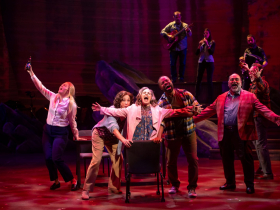 Milwaukee Repertory Theater presents Come From Away in the Ellen & Joe Checota Powerhouse November 4 – December 14, 2025. Pictured L to R Grace Bobber, Karen Ziemba, Joy Hermalyn, Gavin Gregory, Richard Ruiz Henry