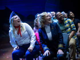 Milwaukee Repertory Theater presents Come From Away in the Ellen & Joe Checota Powerhouse November 4 – December 14, 2025. Pictured L to R:Grace Bobber, Kelley Faulkner and cast