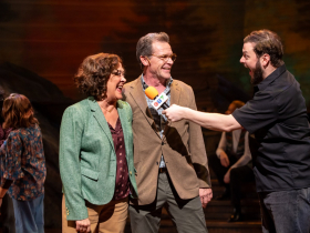 Milwaukee Repertory Theater presents Come From Away in the Ellen & Joe Checota Powerhouse November 4 – December 14, 2025. Pictured L to R:Karen Ziemba, Steven Koehler, Michael Doherty