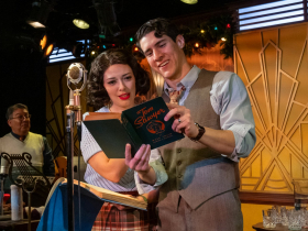 Milwaukee Repertory Theater presents It’s A Wonderful Life: A Live Radio Play in the Stackner Cabaret October 31 – December 21, 2025. Pictured L to R: Eva Nimmer and Daniel Arana