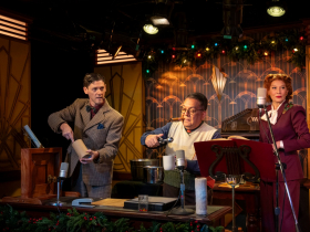 Milwaukee Repertory Theater presents It’s A Wonderful Life: A Live Radio Play in the Stackner Cabaret October 31 – December 21, 2025. Pictured L to R: Wade Elkins, David Flores, Melinda Parrett