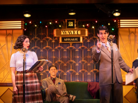 Milwaukee Repertory Theater presents It’s A Wonderful Life: A Live Radio Play in the Stackner Cabaret October 31 – December 21, 2025. Pictured L to R: Eva Nimmer and Daniel Arana