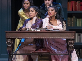 Milwaukee Repertory Theater presents Miss Bennet: Christmas at Pemberley in the Quadracci Powerhouse from November 13 – December 16, 2018.  Left to Right: Margaret Ivey, Sarai Rodriguez, Fred Geyer, Netta Walker
