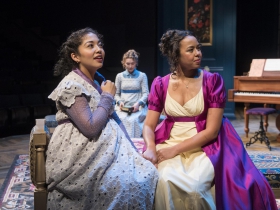 Milwaukee Repertory Theater presents Miss Bennet: Christmas at Pemberley in the Quadracci Powerhouse from November 13 – December 16, 2018.  Left to Right: Sarai Rodriguez, Rebecca Hurd, Margaret Ivey