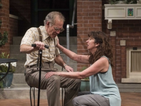 Milwaukee Repertory Theater presents the World Premiere of One House Over in the Quadracci Powerhouse from February 27 – March 25, 2018. Left to Right: Mark Jacoby and Elaine Rivkin