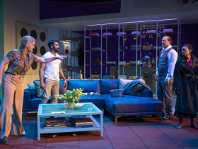 Milwaukee Repertory Theater presents God of Carnage in the Quadracci Powerhouse April 18 – May 14, 2023. Pictured: Heidi Armbruster, Adam Poss, Elan Zafir and Makha Mthembu