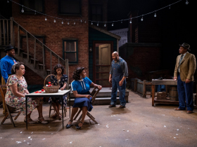 Milwaukee Repertory Theater presents August Wilson’s Seven Guitars in the Quadracci Powerhouse March 7 – April 2, 2023. Pictured: Dimonte Henning, Marsha Estell, Kierra Bunch, Saran Bakari, Kevin Brown and Vincent Jordan