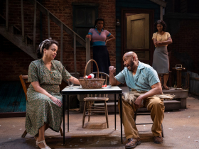 Milwaukee Repertory Theater presents August Wilson’s Seven Guitars in the Quadracci Powerhouse March 7 – April 2, 2023. Pictured: Marsha Estell and Kevin Brown with Saran Bakari and Kierra Bunch
