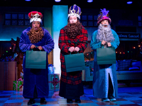 Milwaukee Repertory Theater presents Nuncrackers in the Stackner Cabaret November 3, 2023 – January 7, 2024. Pictured L-R Meka King, Katie Kallaus, Ashley Oviedo.