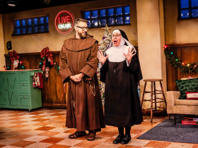  Milwaukee Repertory Theater presents Nuncrackers in the Stackner Cabaret November 3, 2023 – January 7, 2024. Pictured Seth K. Hale and Isabel Quintero.