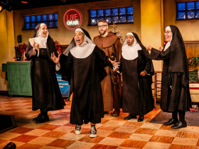 Milwaukee Repertory Theater presents Nuncrackers in the Stackner Cabaret November 3, 2023 – January 7, 2024. Pictured R-L Katie Kallaus, Ashley Oviedo, Seth K. Hale, Meka King, Isabel Quintero.